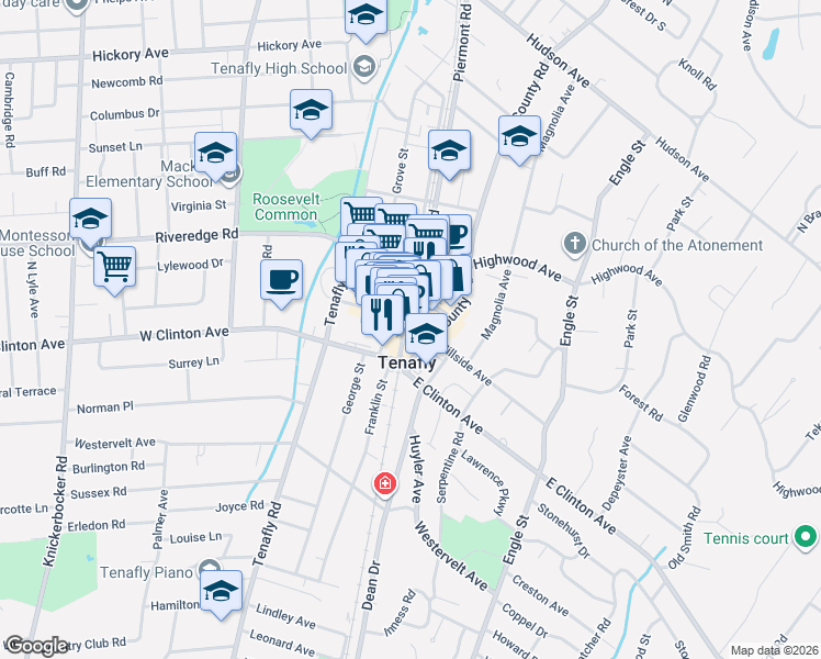 map of restaurants, bars, coffee shops, grocery stores, and more near 1 Piermont Road in Tenafly