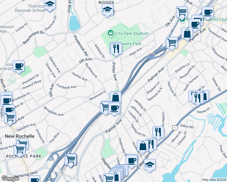 map of restaurants, bars, coffee shops, grocery stores, and more near 17 Lemke Place in New Rochelle