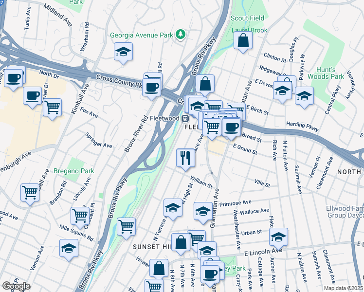 map of restaurants, bars, coffee shops, grocery stores, and more near 642 Locust Street in Mount Vernon