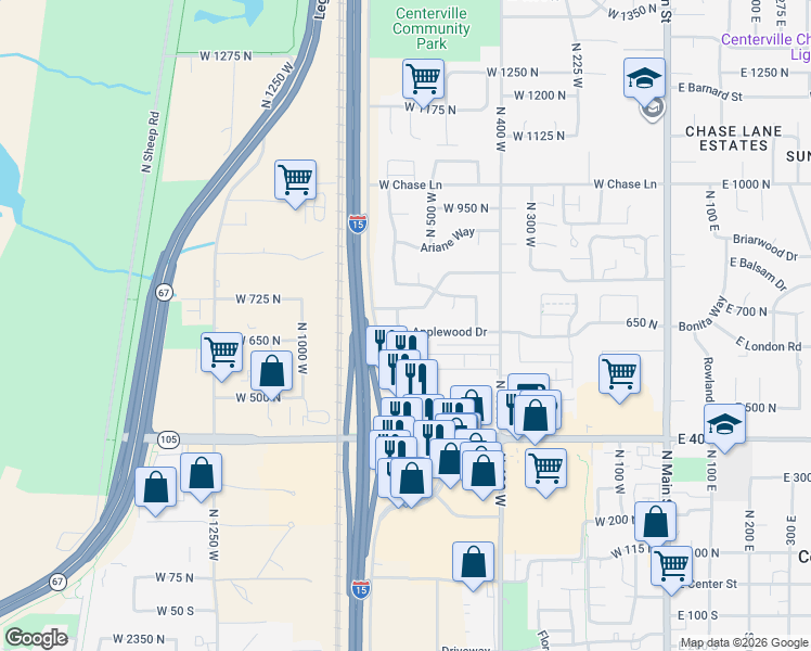 map of restaurants, bars, coffee shops, grocery stores, and more near 642 Applewood Drive in Centerville
