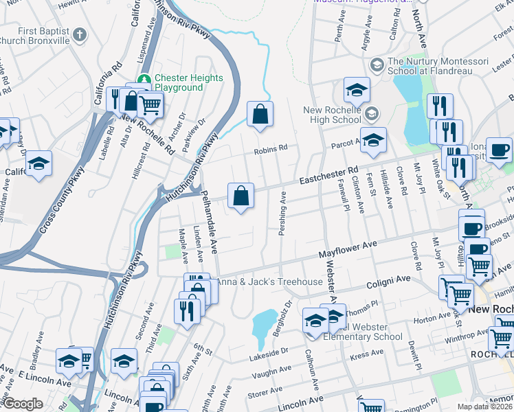 map of restaurants, bars, coffee shops, grocery stores, and more near 35 Rosedale Avenue in New Rochelle