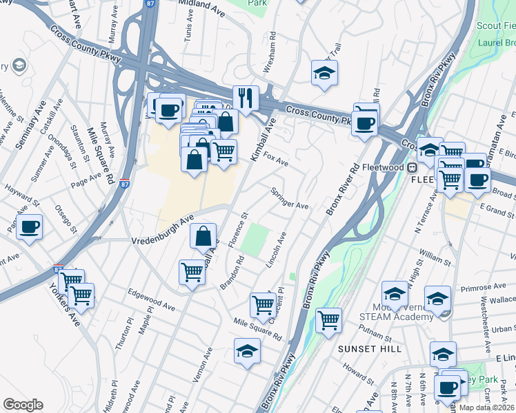 map of restaurants, bars, coffee shops, grocery stores, and more near 103 Brandon Road in Yonkers