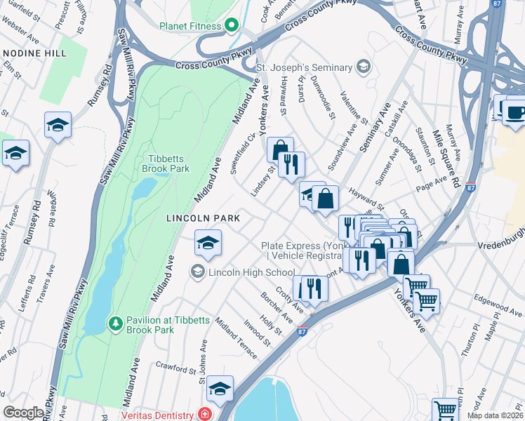 map of restaurants, bars, coffee shops, grocery stores, and more near 57 Frum Avenue in Yonkers