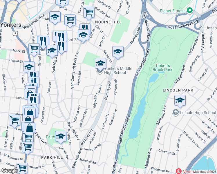 map of restaurants, bars, coffee shops, grocery stores, and more near 33 Wingate Road in Yonkers