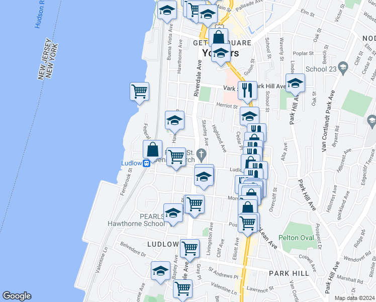 map of restaurants, bars, coffee shops, grocery stores, and more near 236 Hawthorne Avenue in Yonkers