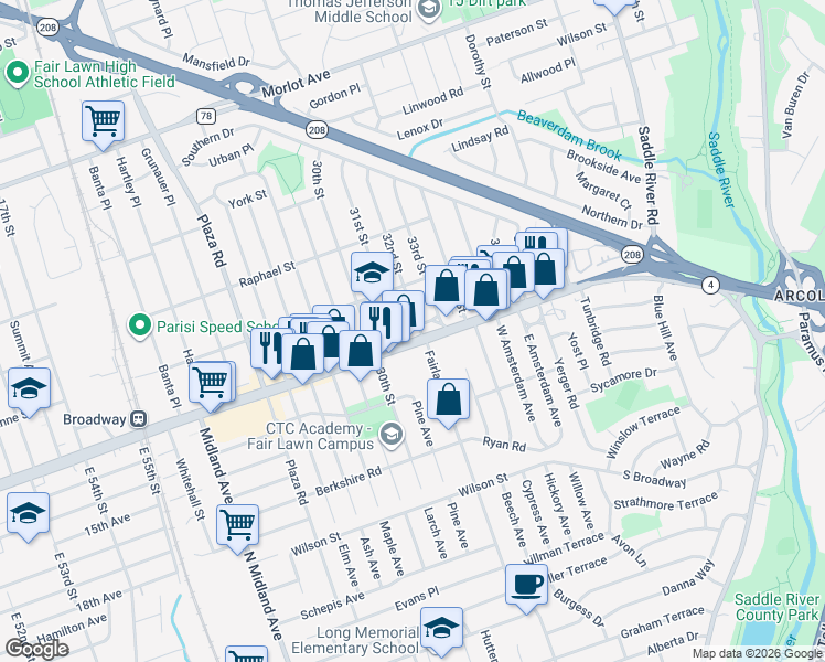 map of restaurants, bars, coffee shops, grocery stores, and more near 3101 Broadway in Fair Lawn