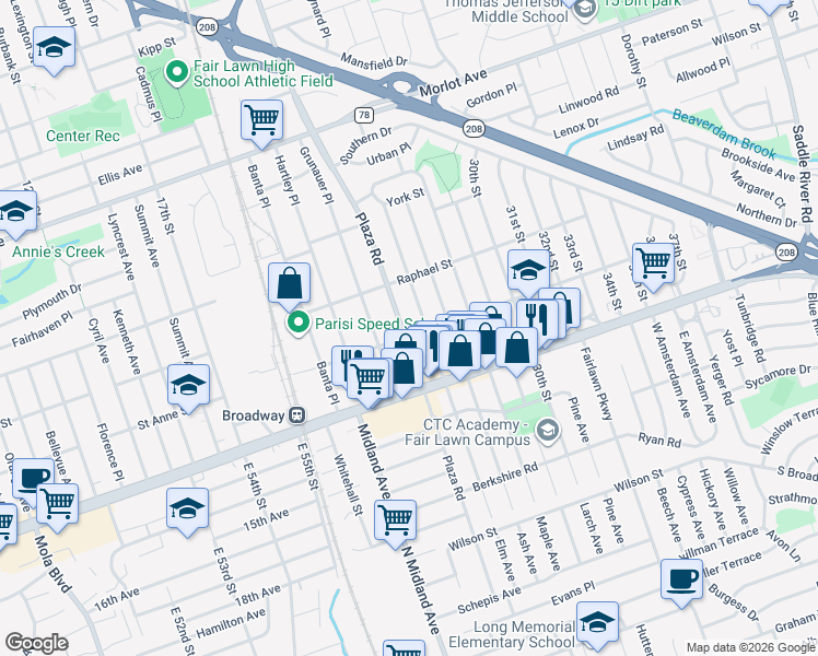 map of restaurants, bars, coffee shops, grocery stores, and more near 2-3 Plaza Road in Fair Lawn