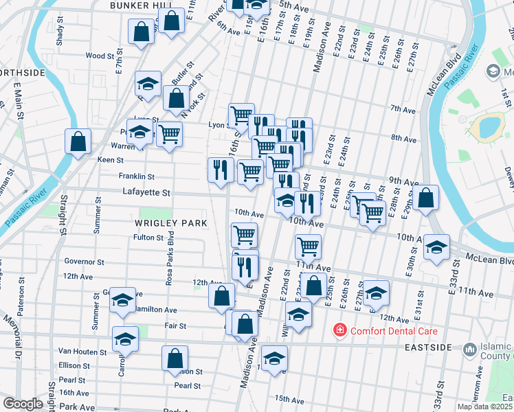 map of restaurants, bars, coffee shops, grocery stores, and more near 456 East 18th Street in Paterson