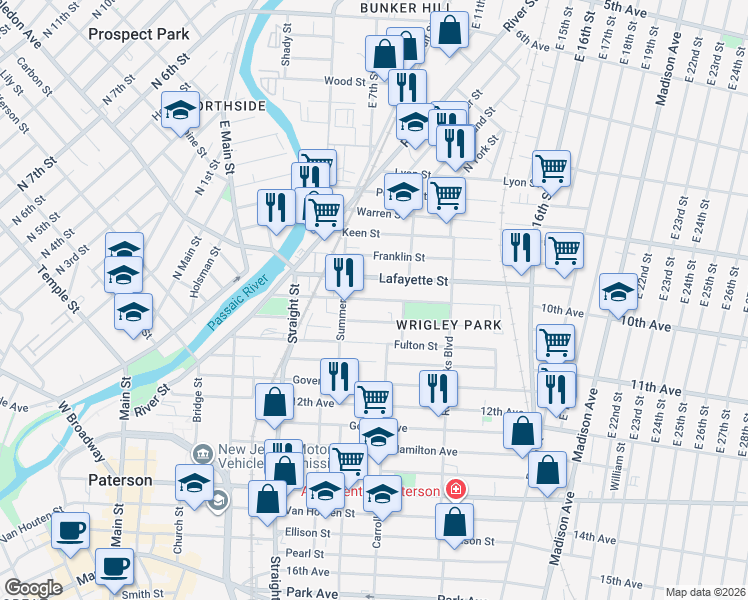 map of restaurants, bars, coffee shops, grocery stores, and more near 122 Montgomery Street in Paterson