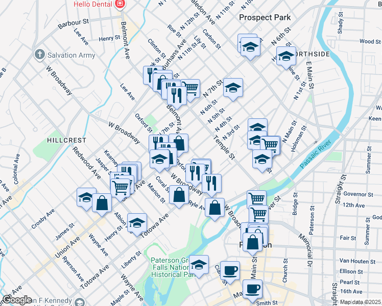 map of restaurants, bars, coffee shops, grocery stores, and more near 22 Arlington Street in Paterson