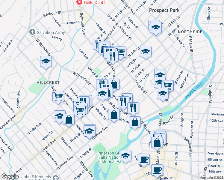 map of restaurants, bars, coffee shops, grocery stores, and more near 54 Oxford Street in Paterson