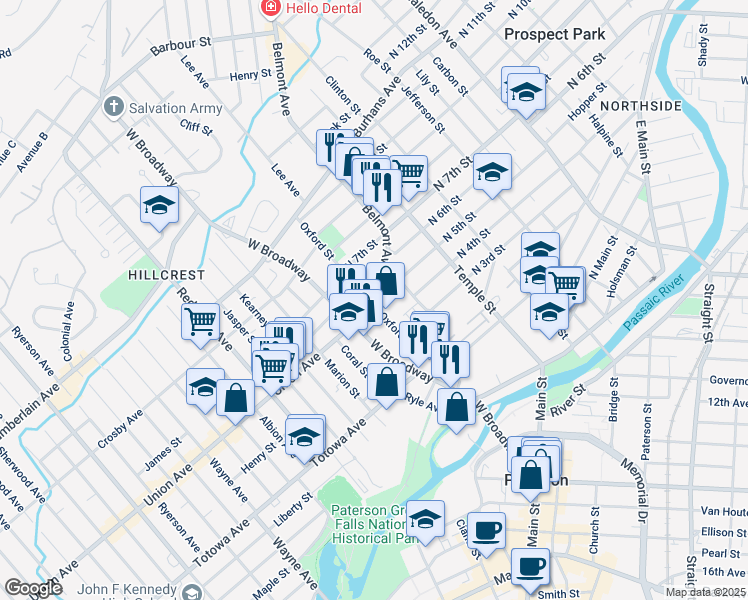 map of restaurants, bars, coffee shops, grocery stores, and more near 54 Oxford Street in Paterson