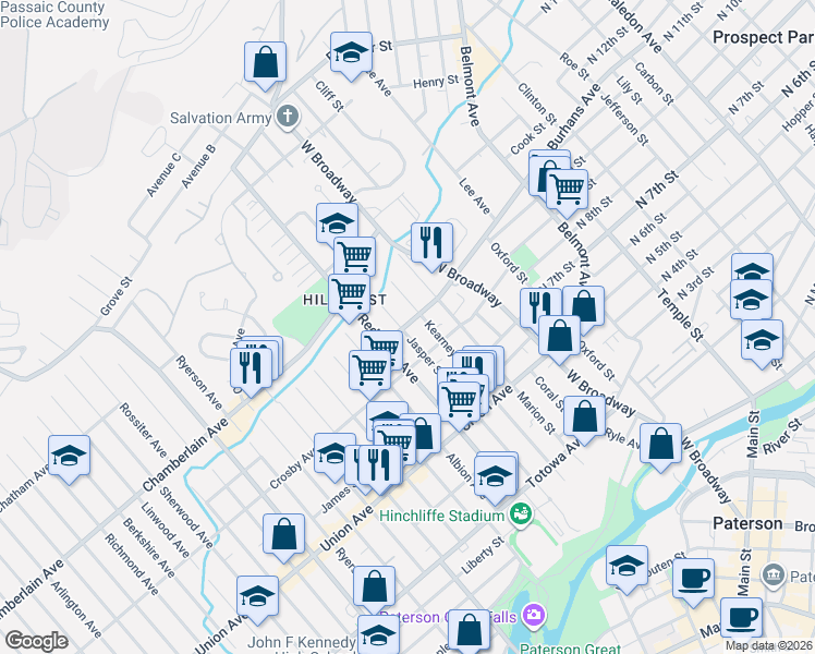 map of restaurants, bars, coffee shops, grocery stores, and more near 6 Doremus Street in Paterson