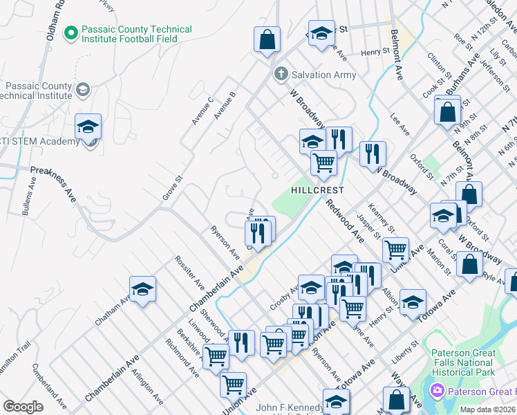 map of restaurants, bars, coffee shops, grocery stores, and more near 20 Colonial Avenue in Paterson