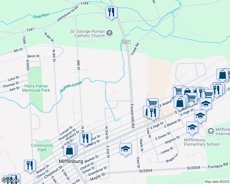 map of restaurants, bars, coffee shops, grocery stores, and more near 178 Gessner Lane in Mifflinburg