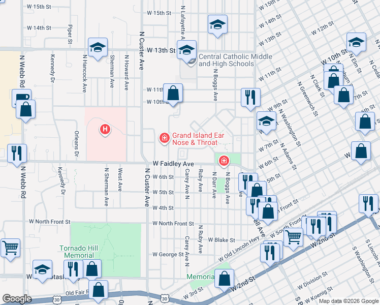 map of restaurants, bars, coffee shops, grocery stores, and more near 2112 West Faidley Avenue in Grand Island
