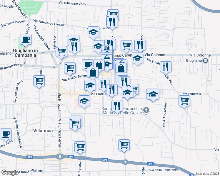 map of restaurants, bars, coffee shops, grocery stores, and more near Via Giacomo Brodolini in Giugliano in Campania