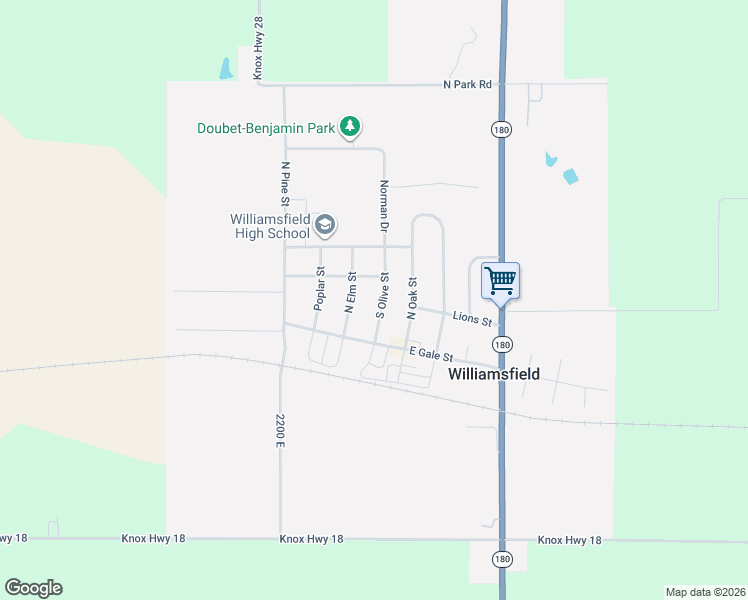 map of restaurants, bars, coffee shops, grocery stores, and more near 101-299 S Olive St in Williamsfield