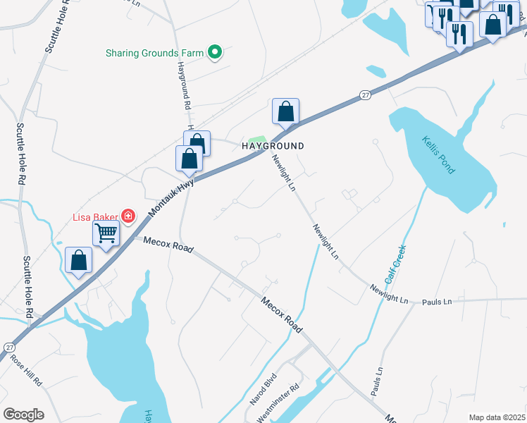 map of restaurants, bars, coffee shops, grocery stores, and more near 65 Osprey Way in Water Mill