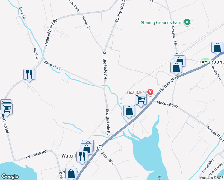 map of restaurants, bars, coffee shops, grocery stores, and more near 169 Scuttle Hole Road in Water Mill