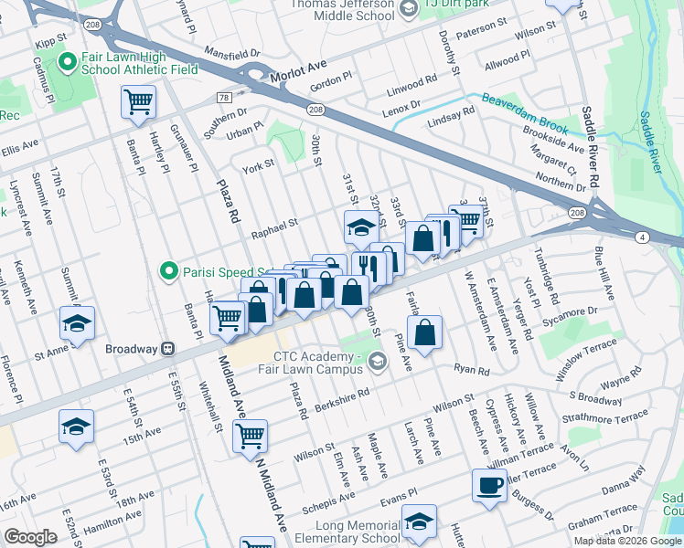 map of restaurants, bars, coffee shops, grocery stores, and more near 1-20 29th Street in Fair Lawn