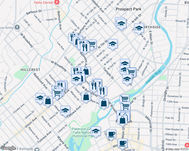 map of restaurants, bars, coffee shops, grocery stores, and more near 22 Arlington Street in Paterson