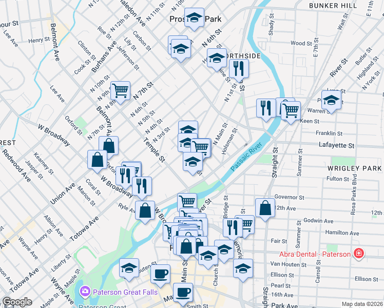 map of restaurants, bars, coffee shops, grocery stores, and more near 41 Arch Street in Paterson