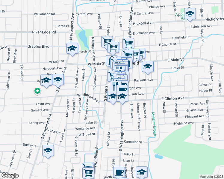 map of restaurants, bars, coffee shops, grocery stores, and more near 107 South Railroad Avenue in Bergenfield