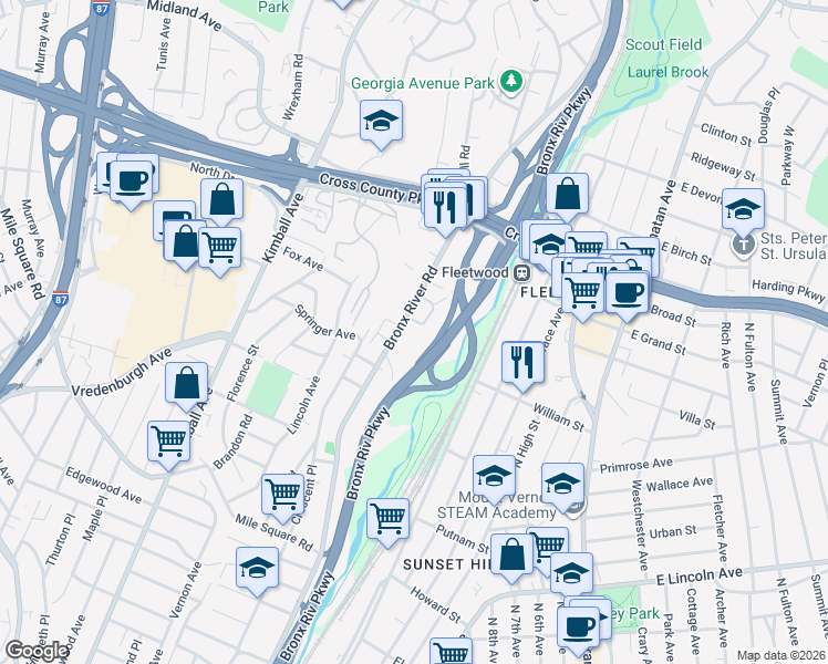 map of restaurants, bars, coffee shops, grocery stores, and more near 754 Bronx River Road in Yonkers