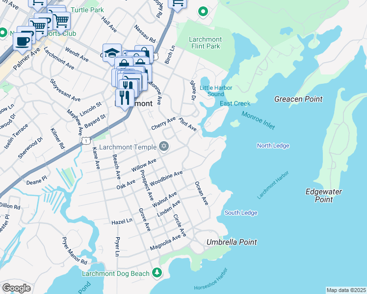 map of restaurants, bars, coffee shops, grocery stores, and more near 21 Willow Avenue in Larchmont