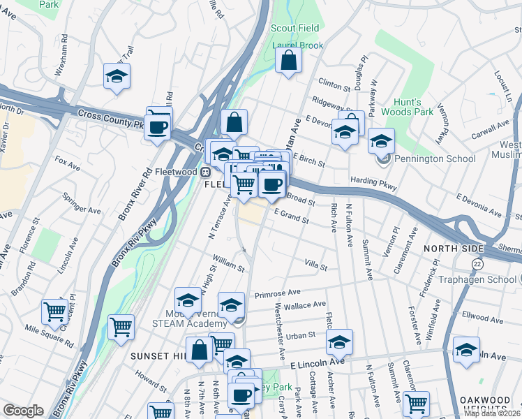 map of restaurants, bars, coffee shops, grocery stores, and more near 505 Gramatan Avenue in Mount Vernon