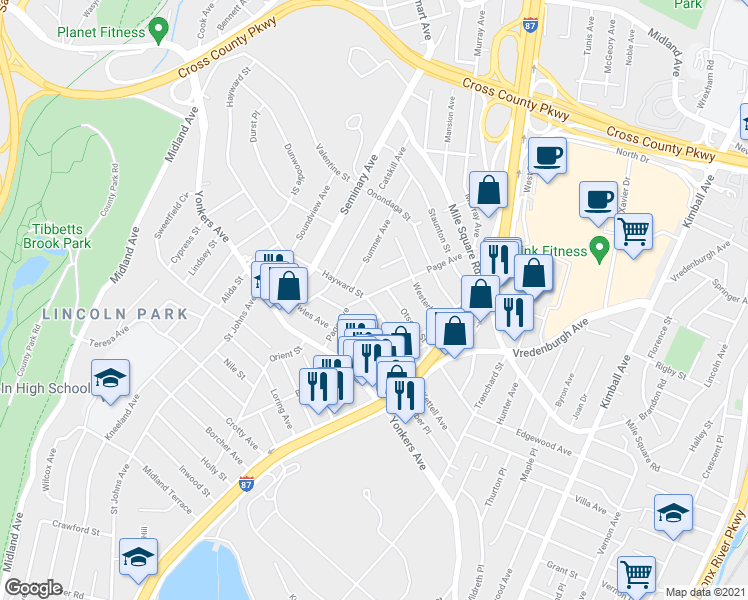 map of restaurants, bars, coffee shops, grocery stores, and more near 275 Hayward Street in Yonkers