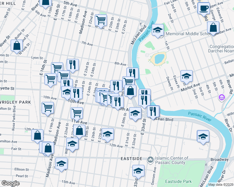 map of restaurants, bars, coffee shops, grocery stores, and more near 351 East 28th Street in Paterson
