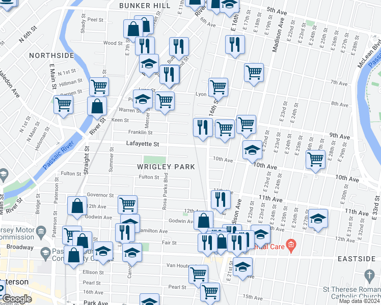 map of restaurants, bars, coffee shops, grocery stores, and more near 204 Montgomery Street in Paterson