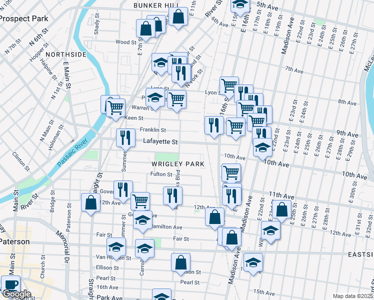 map of restaurants, bars, coffee shops, grocery stores, and more near 121 Rosa Parks Boulevard in Paterson