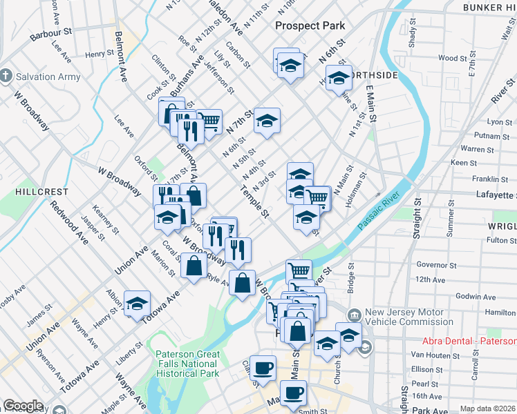 map of restaurants, bars, coffee shops, grocery stores, and more near 127 Temple Street in Paterson