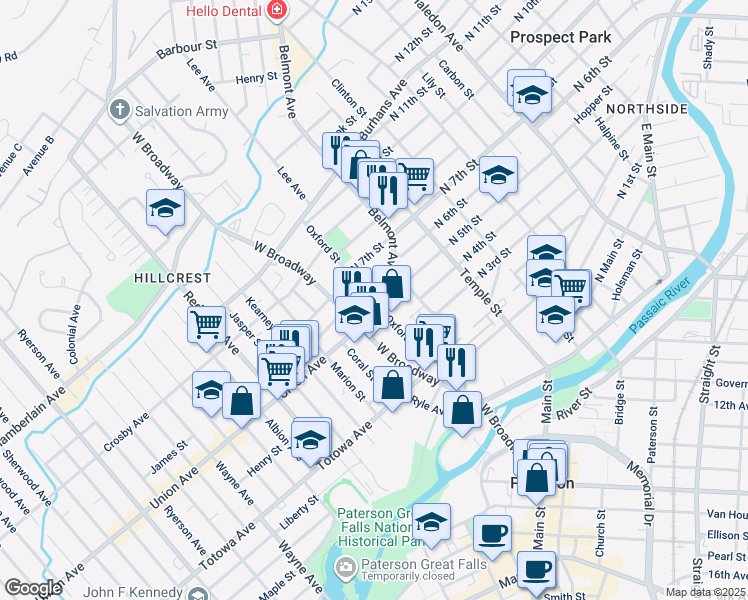 map of restaurants, bars, coffee shops, grocery stores, and more near 54 Oxford Street in Paterson