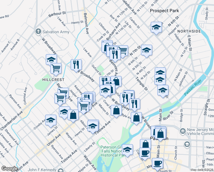 map of restaurants, bars, coffee shops, grocery stores, and more near 244 West Broadway in Paterson