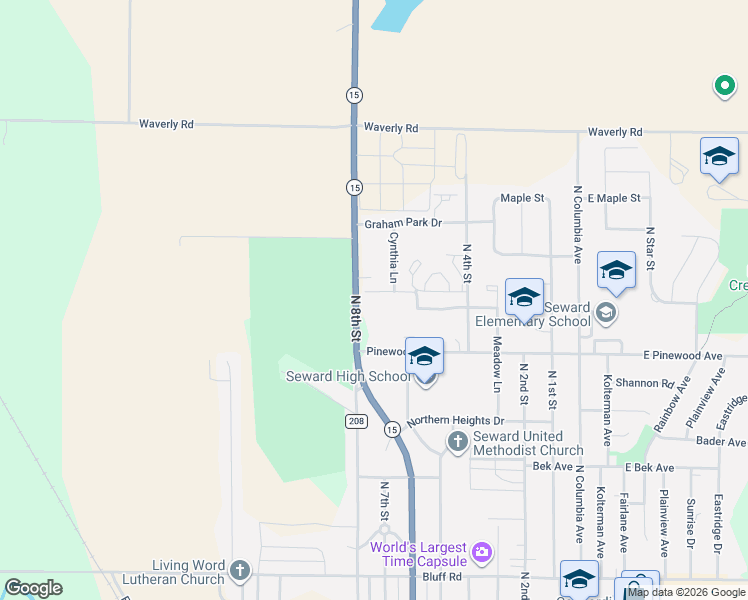 map of restaurants, bars, coffee shops, grocery stores, and more near 1940 Nebraska 15 in Seward