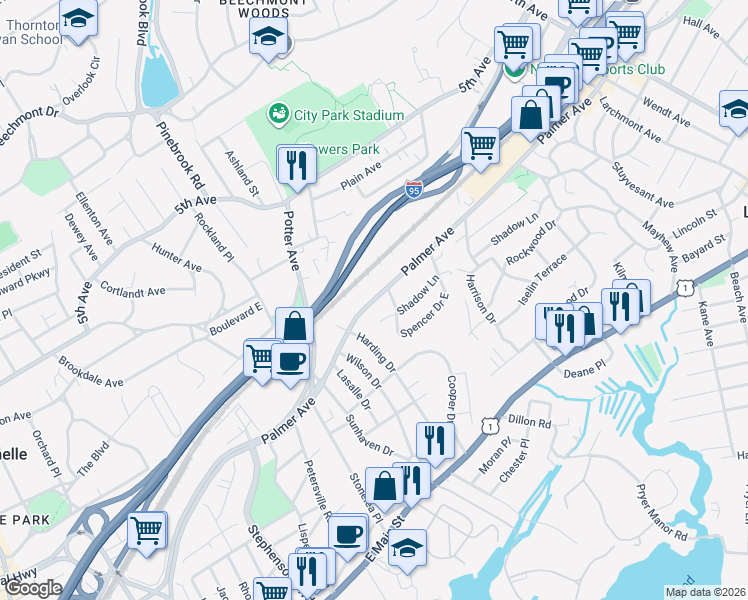 map of restaurants, bars, coffee shops, grocery stores, and more near 2295 Palmer Avenue in New Rochelle