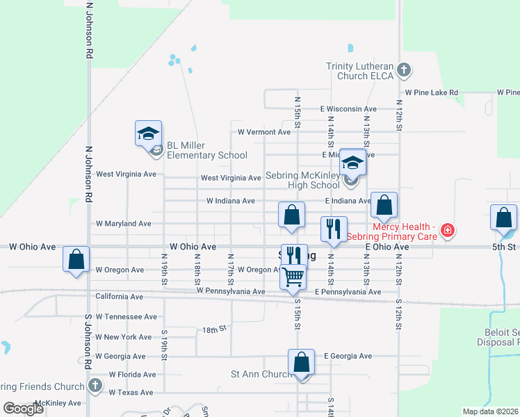 map of restaurants, bars, coffee shops, grocery stores, and more near 426 North 16th Street in Sebring
