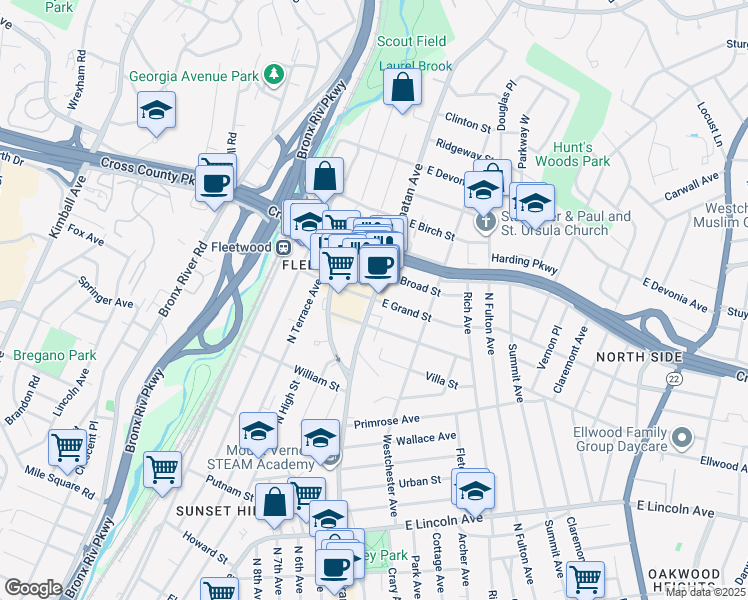 map of restaurants, bars, coffee shops, grocery stores, and more near 1 East Grand Street in Mount Vernon