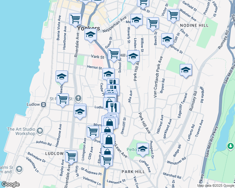 map of restaurants, bars, coffee shops, grocery stores, and more near 26 Undercliff Street in Yonkers