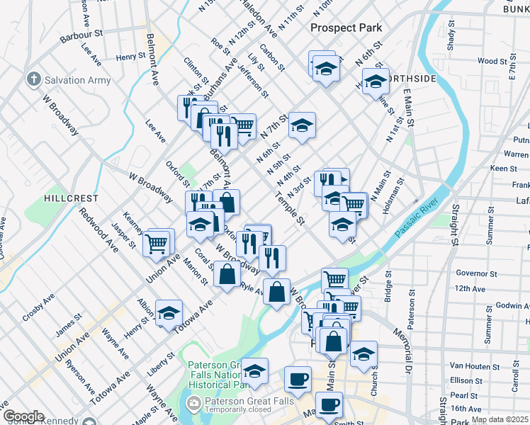 map of restaurants, bars, coffee shops, grocery stores, and more near 17 North 3rd Street in Paterson