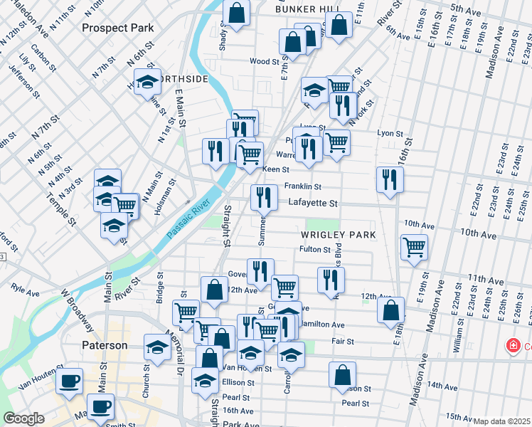 map of restaurants, bars, coffee shops, grocery stores, and more near 79 Montgomery Street in Paterson