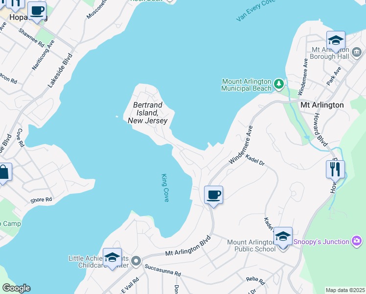 map of restaurants, bars, coffee shops, grocery stores, and more near Lakeshore Drive in Mount Arlington