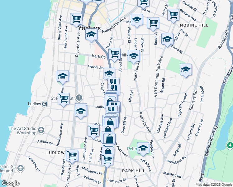 map of restaurants, bars, coffee shops, grocery stores, and more near 26 Undercliff Street in Yonkers