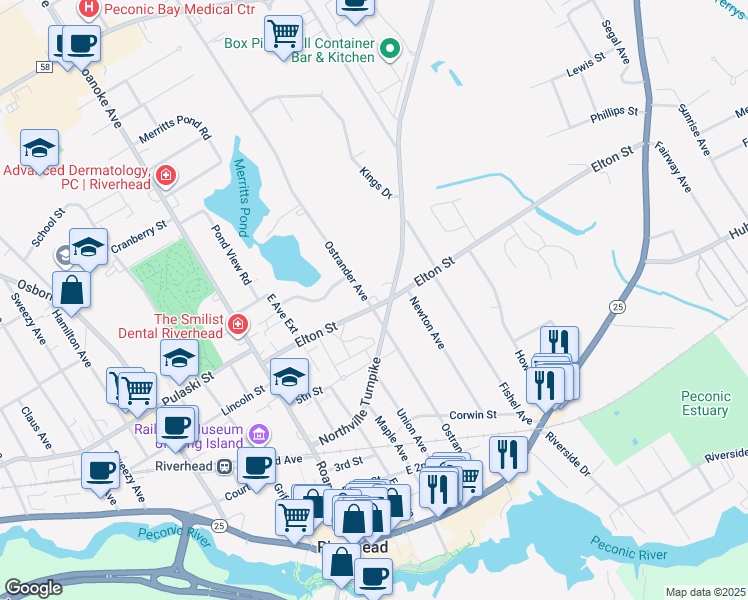 map of restaurants, bars, coffee shops, grocery stores, and more near 290 Elton Street in Riverhead