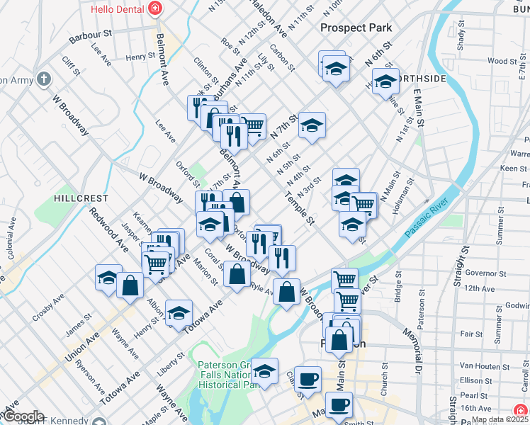 map of restaurants, bars, coffee shops, grocery stores, and more near 22 Arlington Street in Paterson