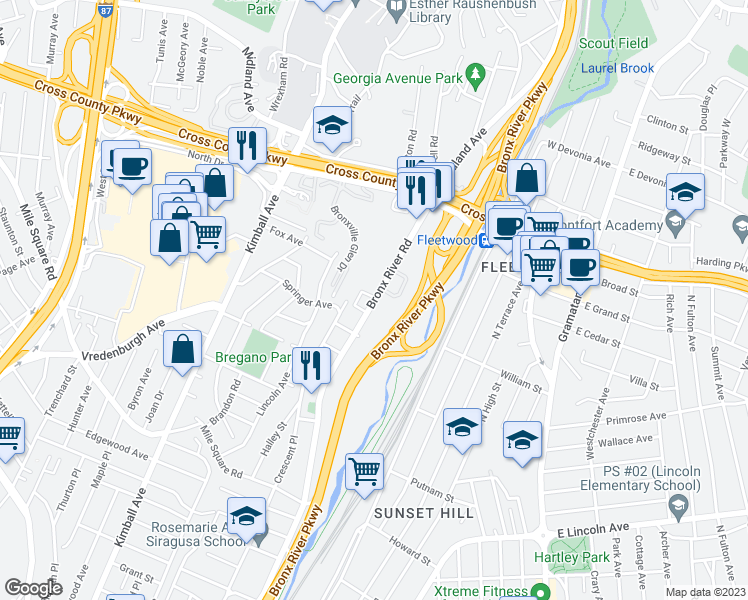 map of restaurants, bars, coffee shops, grocery stores, and more near 754 Bronx River Rd in Yonkers